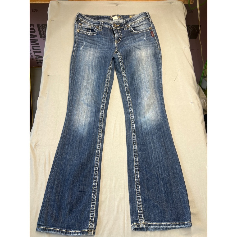Silver Jeans Aiko Bootcut Mid Wash Contrast Stitch Denim Blue Jeans 30x31.5